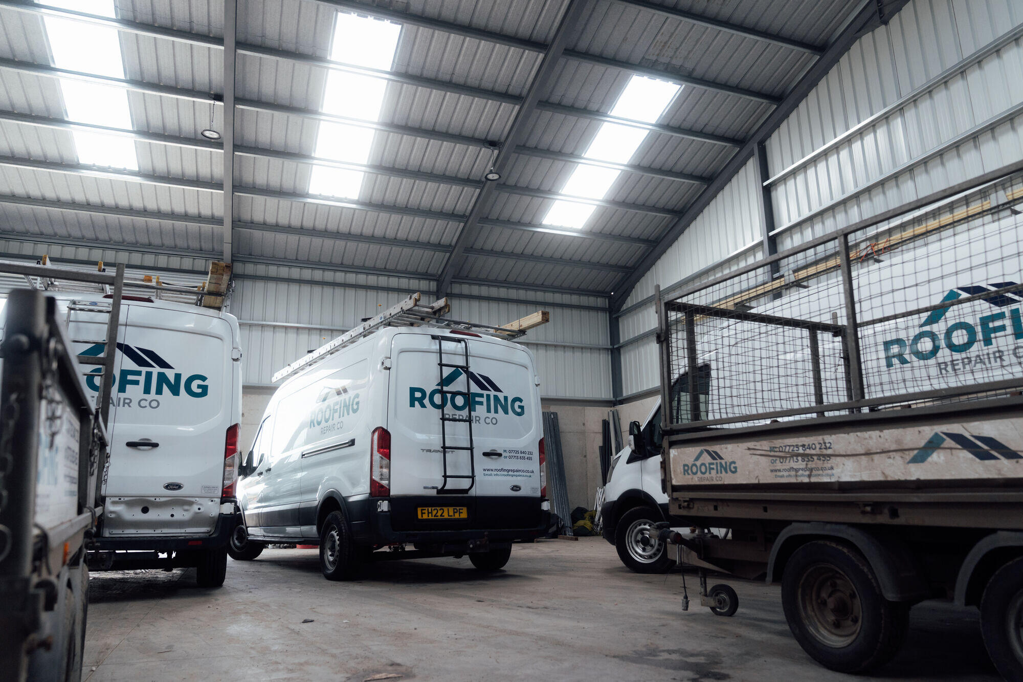 Roofing Repair Co. vans garaged at the Bellaghy yard